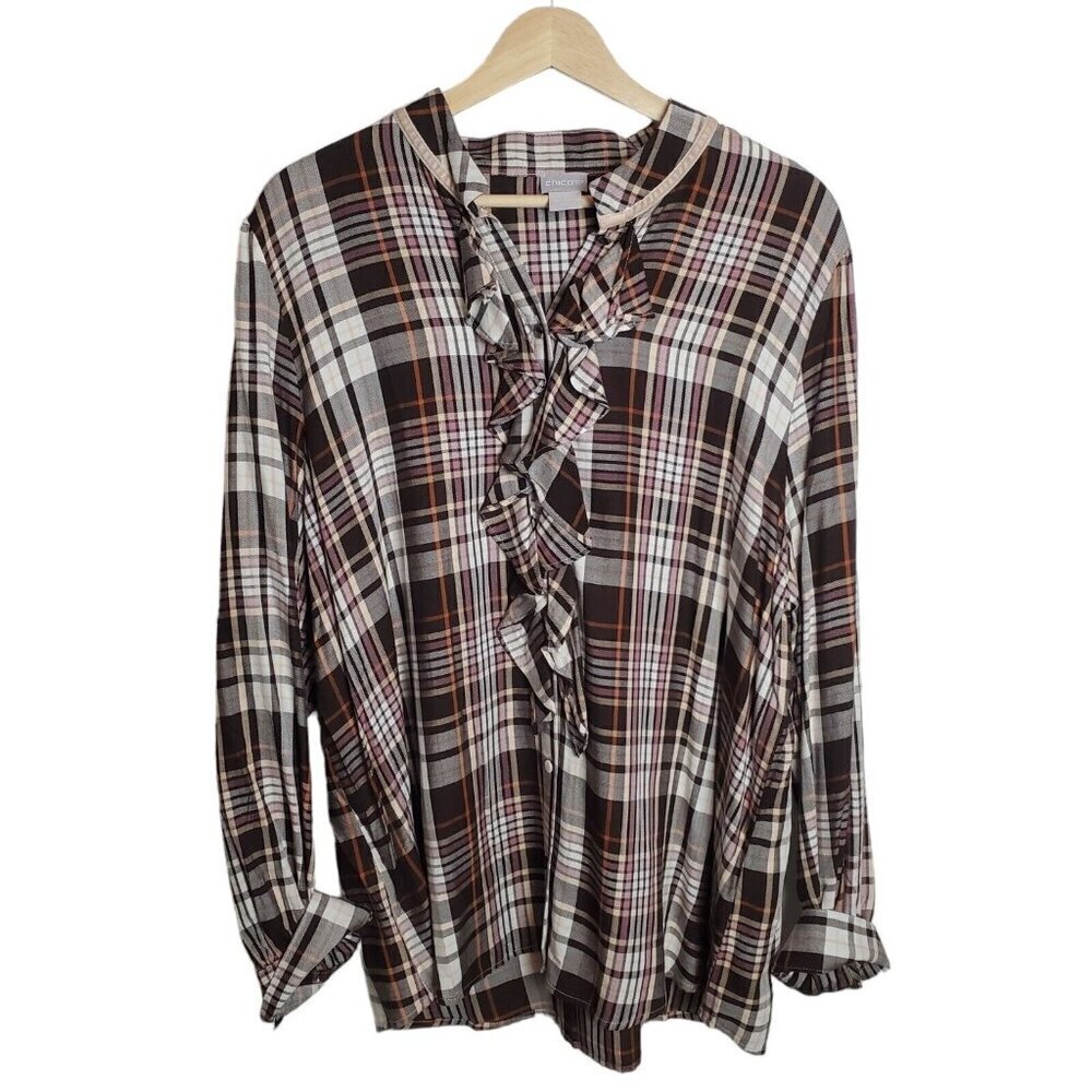 Chico's Button Up Shirt Size 3 US 16 100% Rayon Brown Cream Ruffle Long Sleeve